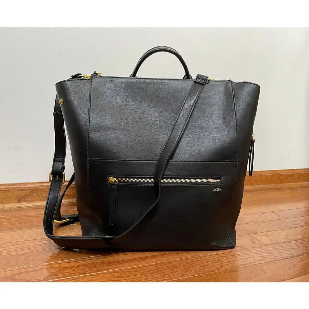FAWN Square Backpack Diaper Bag Black Faux Leather Gold Tone Hardware